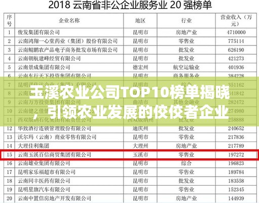 玉溪農(nóng)業(yè)公司TOP10榜單揭曉，引領(lǐng)農(nóng)業(yè)發(fā)展的佼佼者企業(yè)